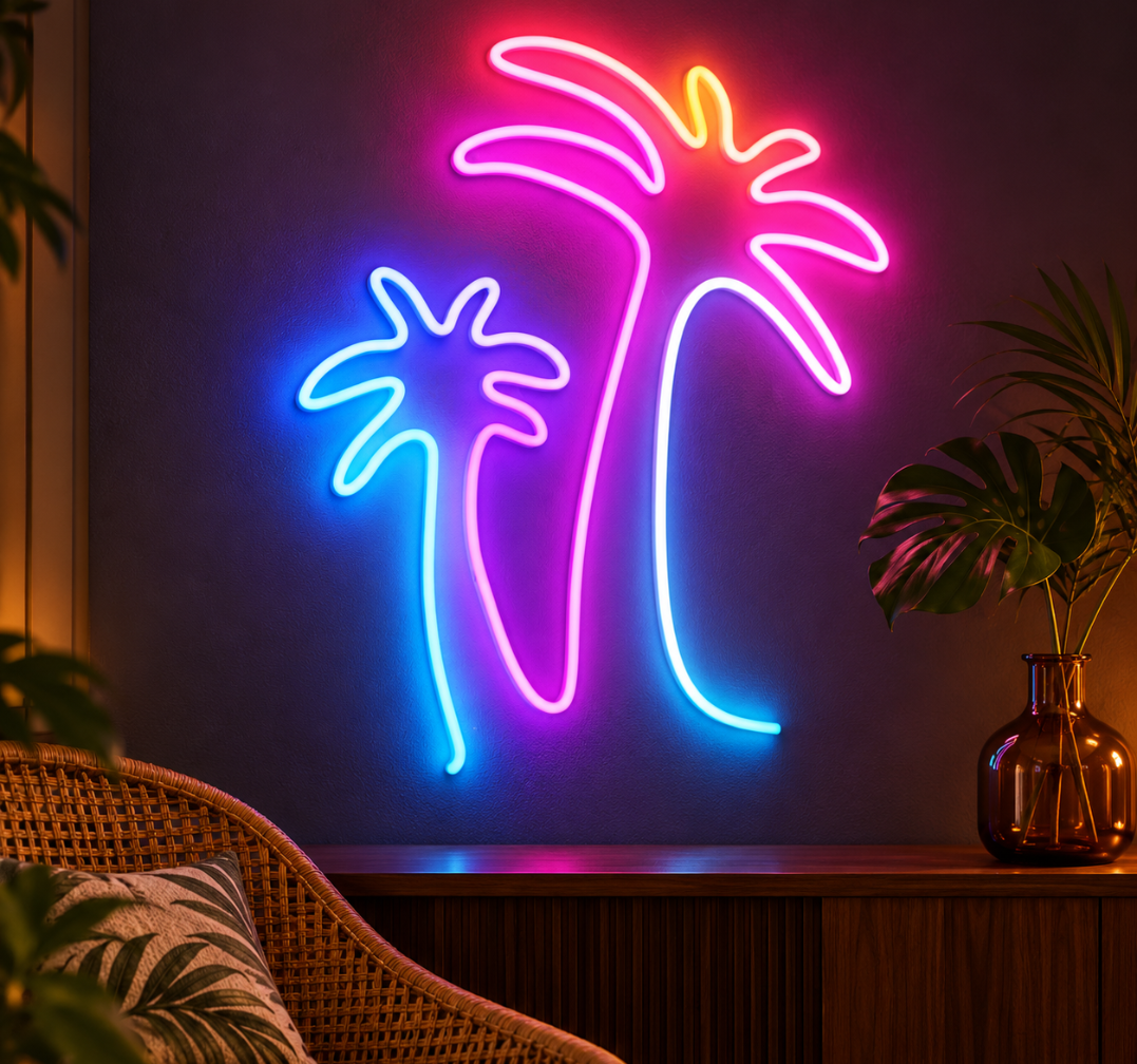 Twin Palm Tree Neon Sign with Multicolor Tropical Design