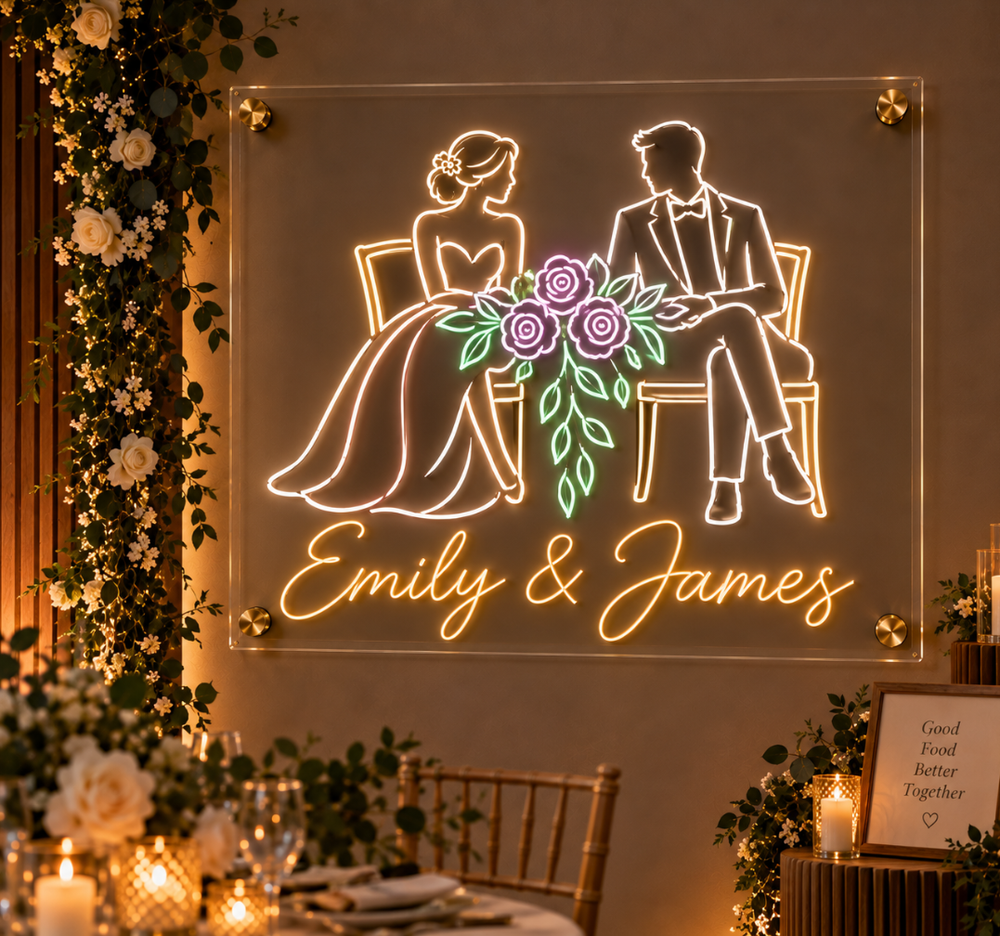 Seated Couple Neon Sign – Sweetheart Table Wedding Decor and Romantic LED Wall Art
