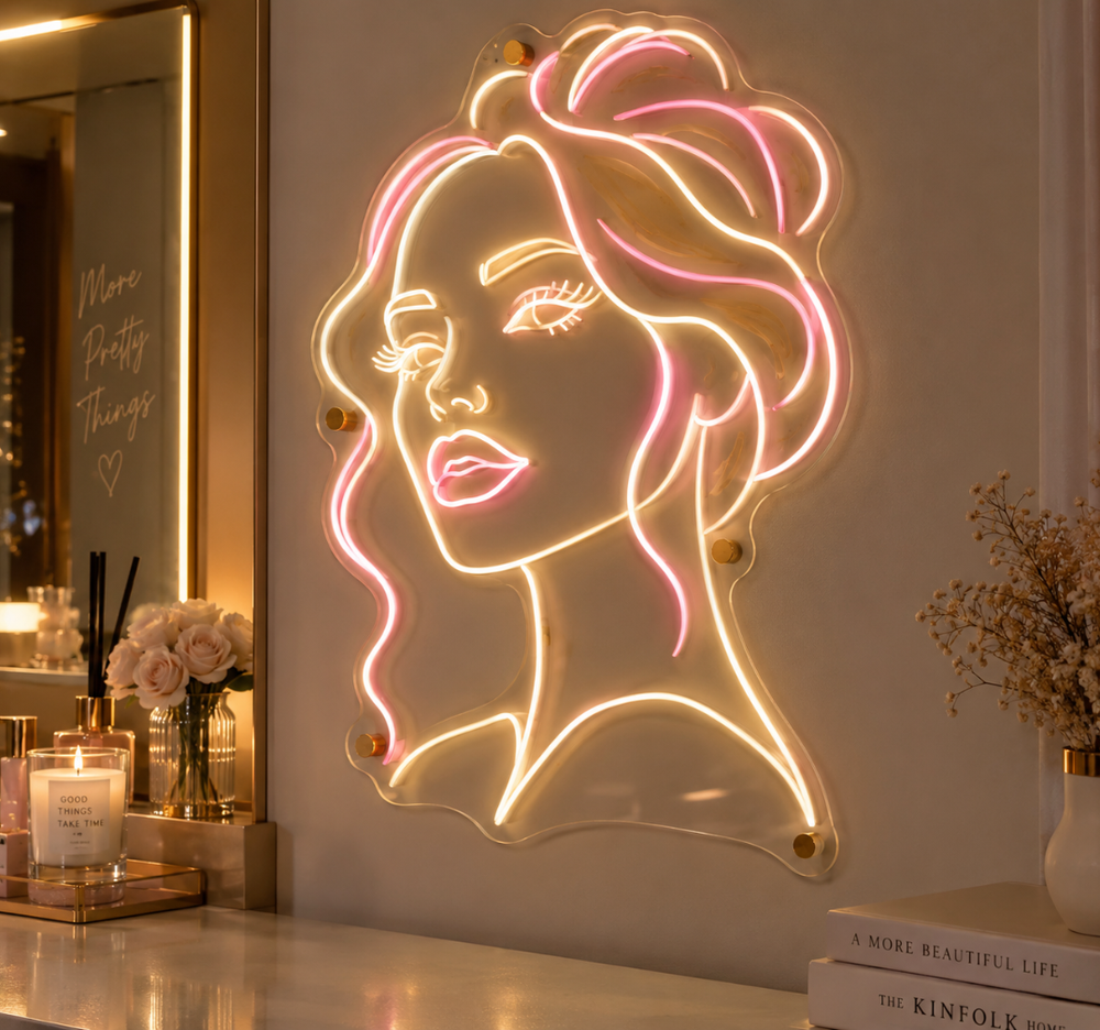 Minimal Female Face Portrait Neon Sign – Elegant LED Wall Decor & Modern Artwork