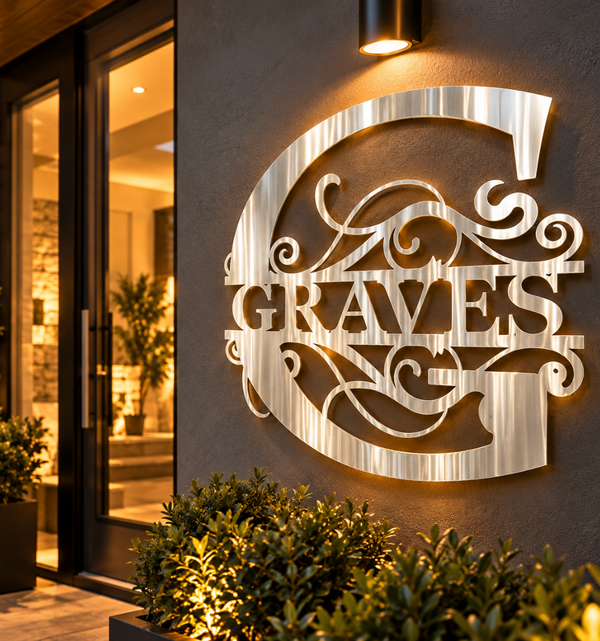 Graves Monogram Metal Sign – Silver Family Name Wall Decor