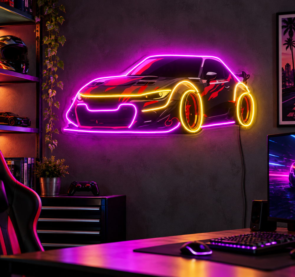 Sports Racing Car UV Neon Sign – Pink & Yellow Automotive Wall Decor