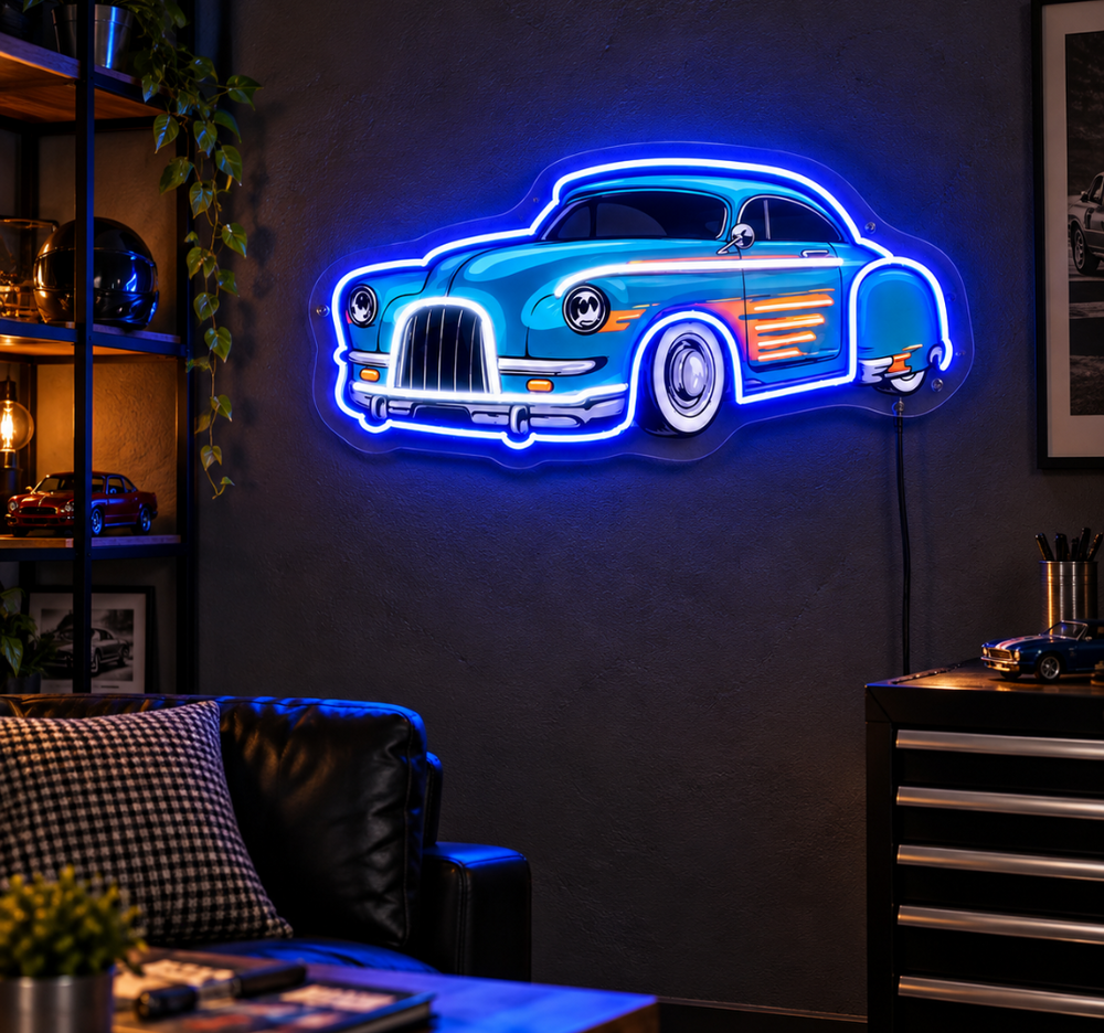 Vintage Blue Classic Car UV Neon Sign – Retro Automotive Wall Decor