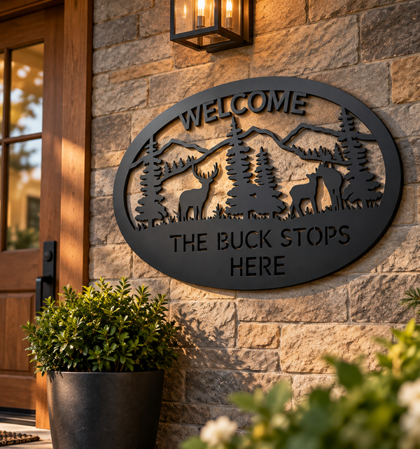 The Buck Stops Here Deer Welcome Sign – Rustic Cabin Wall Decor