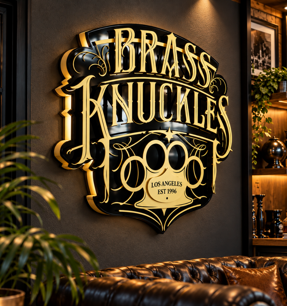 Brass Knuckles 3D Wall Sign – Black and Gold Vintage Decor