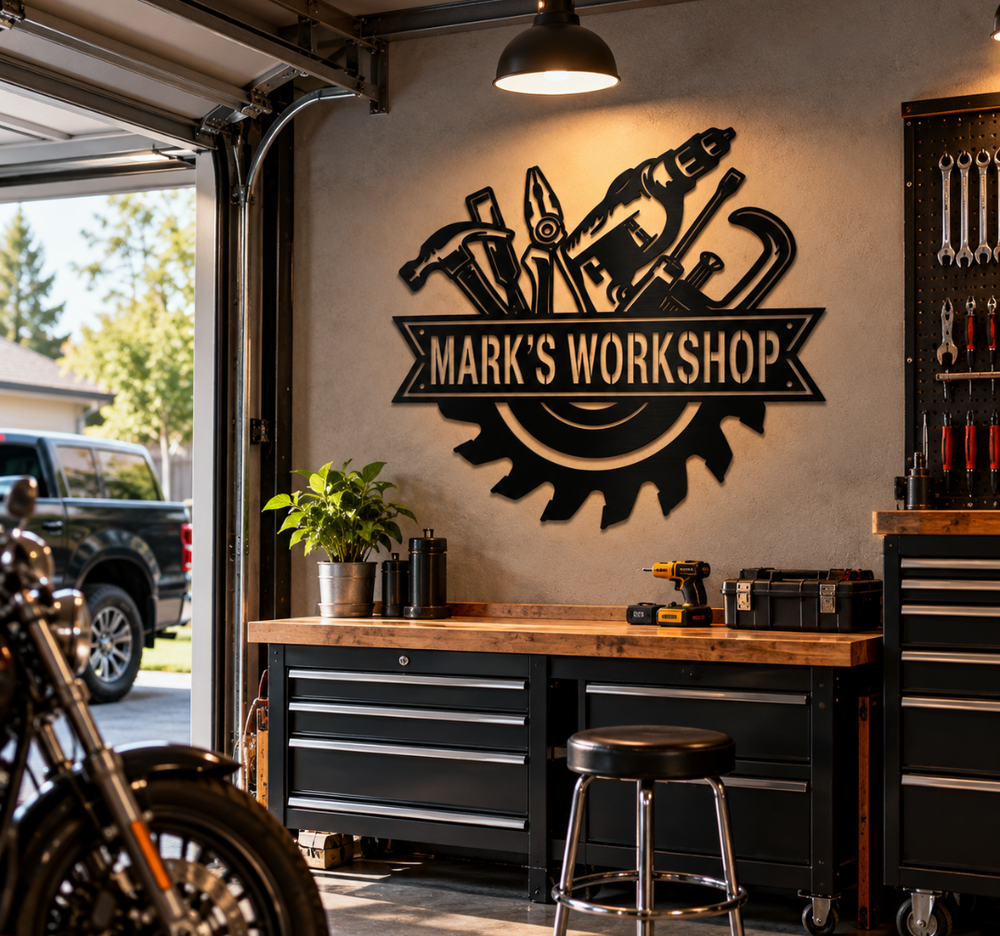 Custom Workshop Metal Wall Sign – Personalized Garage Decor