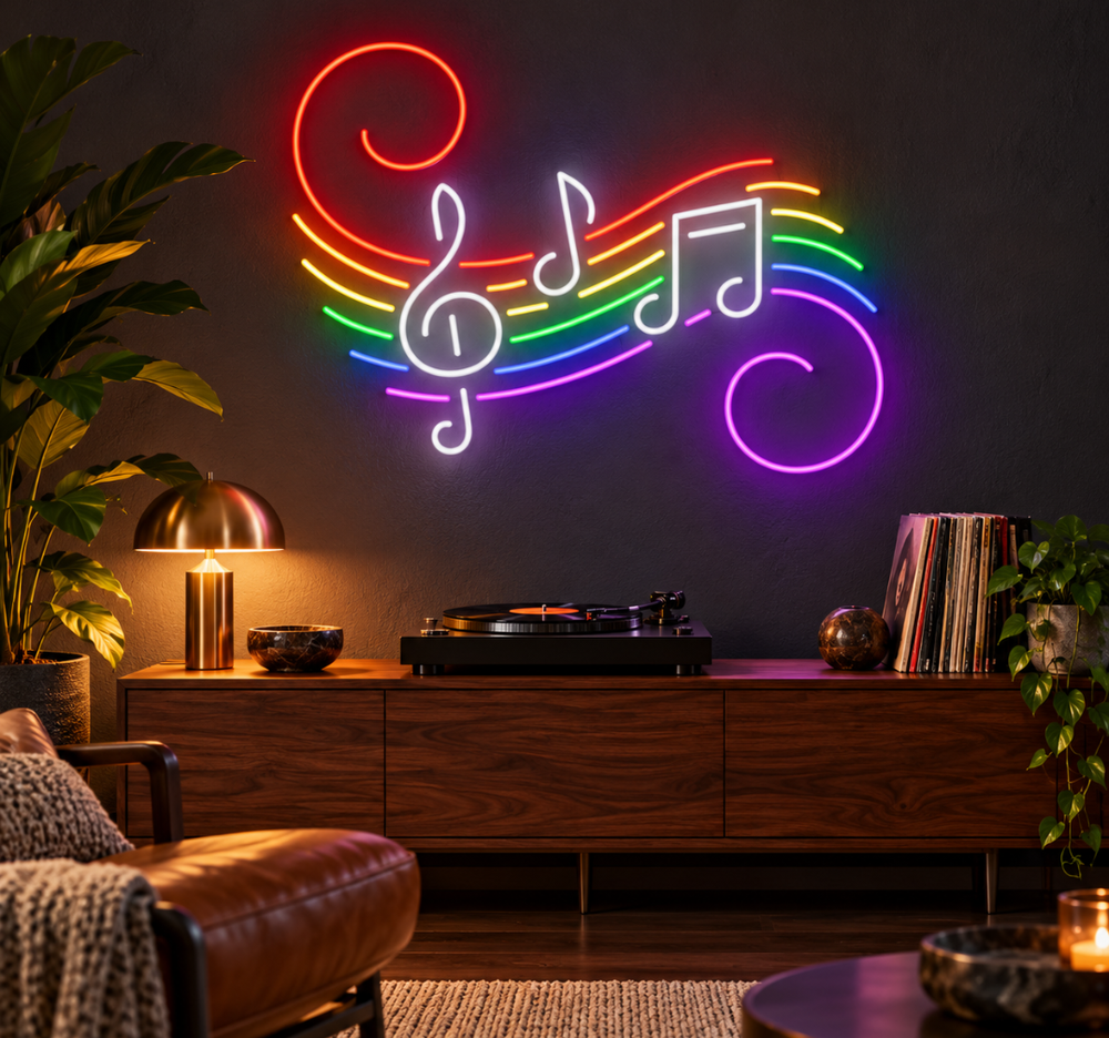 Rainbow Musical Notes Neon Sign with Treble Clef and Colorful Swirls