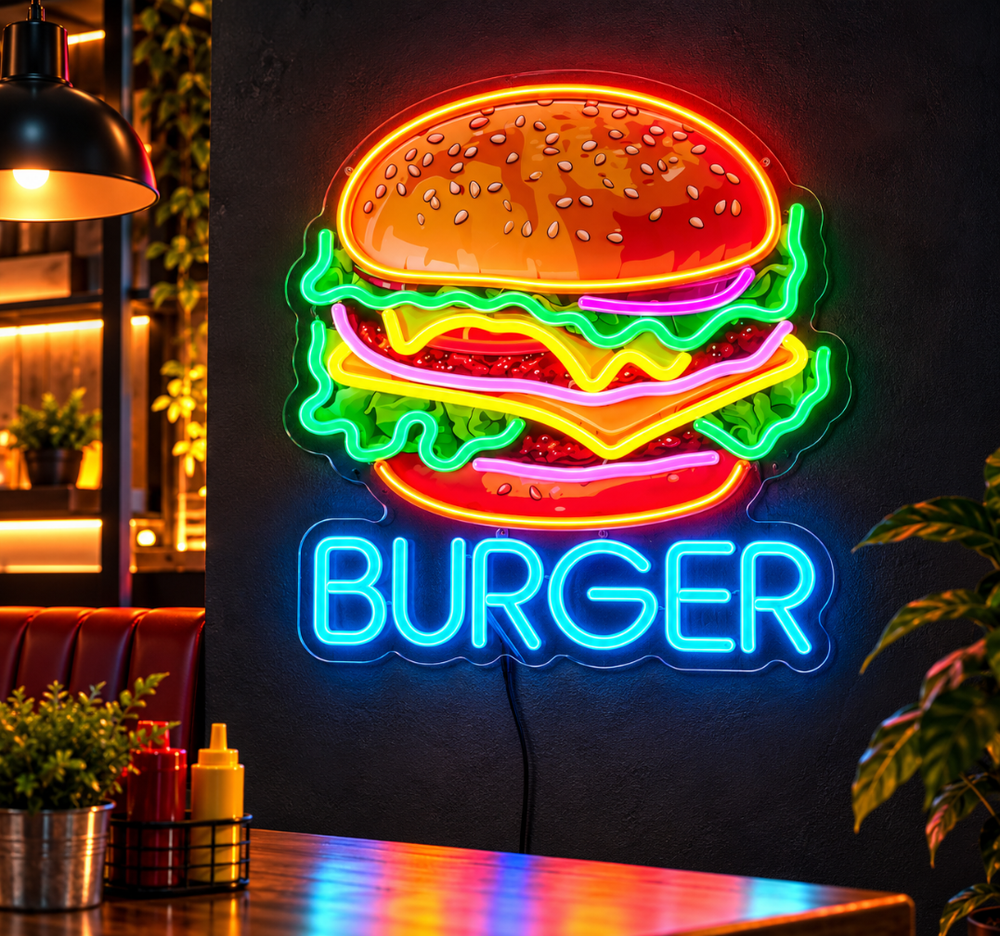 Burger LED Neon Sign – Colorful Fast Food Wall Decor