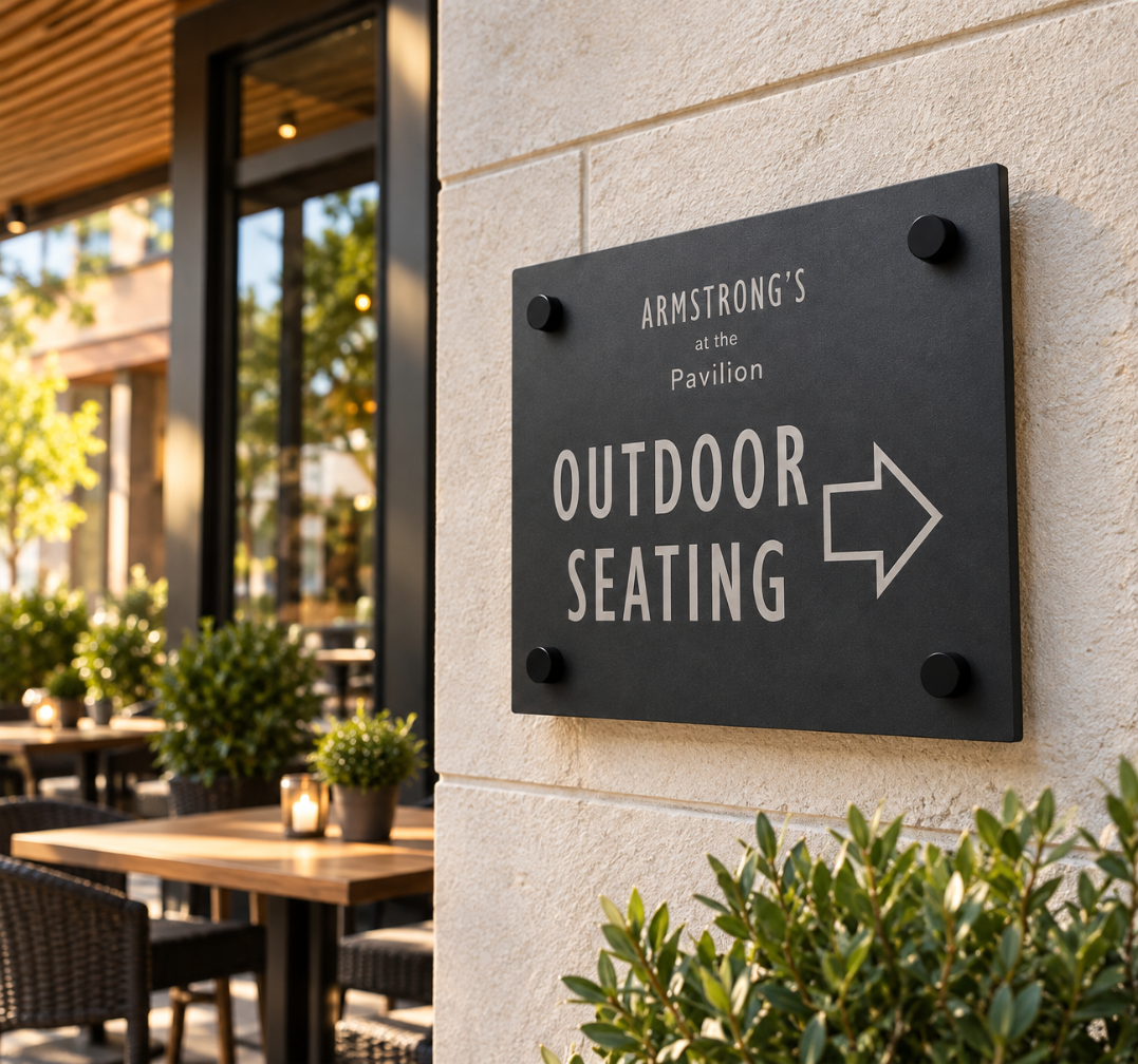 Custom Outdoor Seating Directional Sign – Business Wall Decor