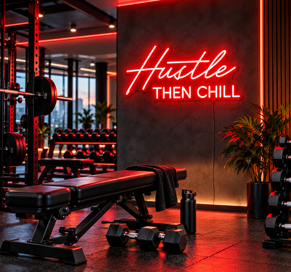 Hustle Then Chill Neon Sign – Red LED Gym & Motivational Wall Decor