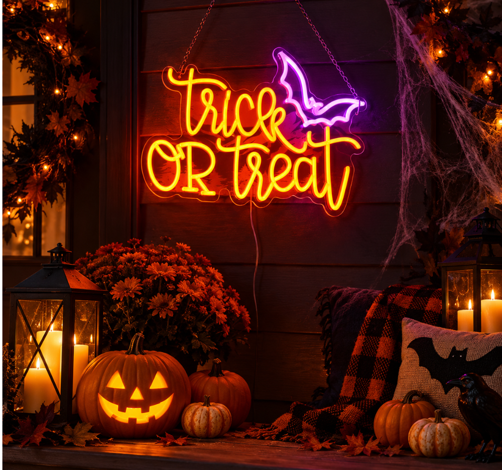 Trick or Treat Neon Sign – LED Halloween Wall Decor with Bat Design