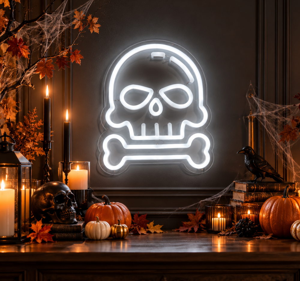 Skull and Bone Halloween Neon Sign – LED Spooky Decor