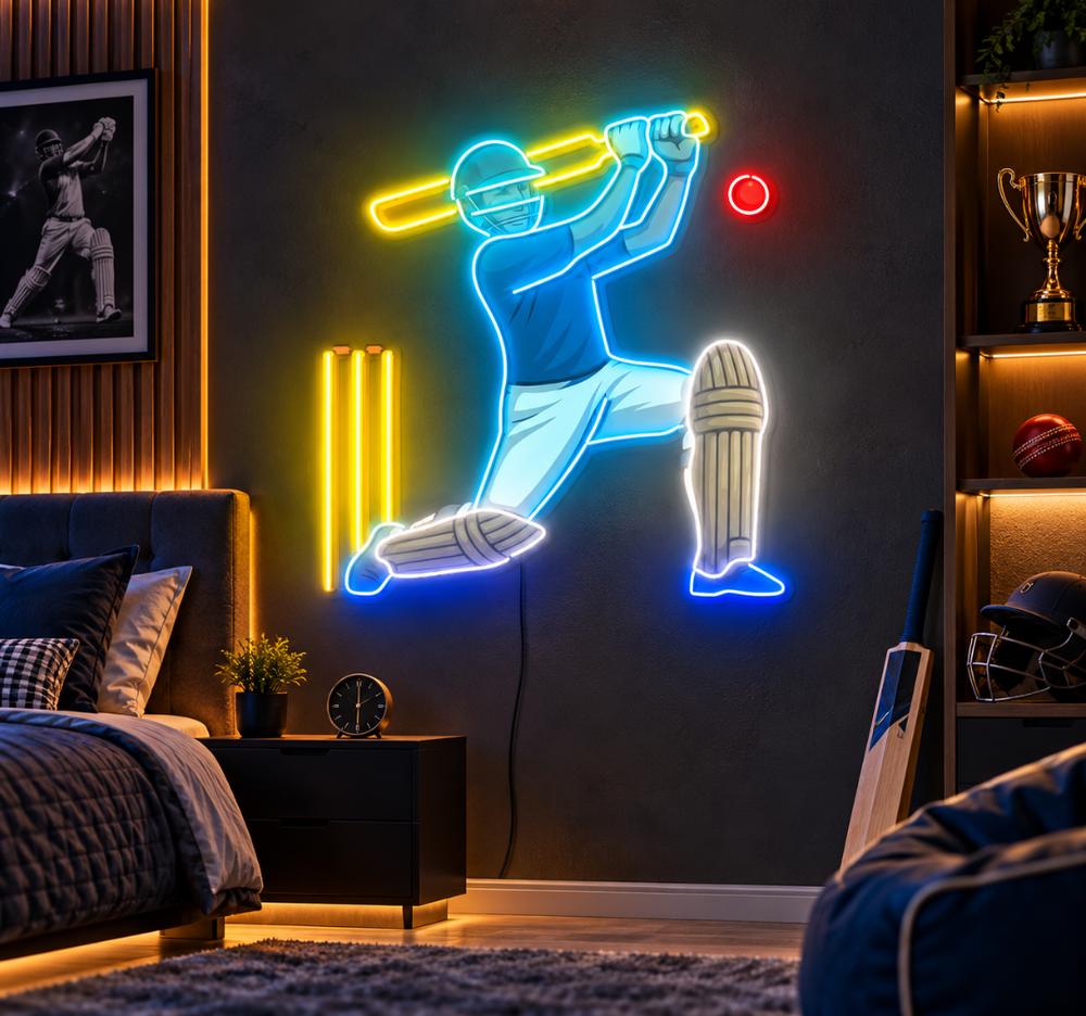 Cricket Player LED Neon Sign – Sports Wall Decor for Game Rooms