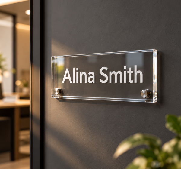 Personalized Clear Acrylic Office Door Name Sign with Silver Text
