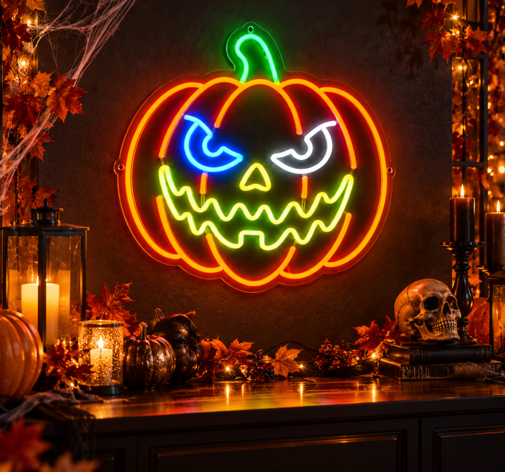 Halloween Pumpkin Neon Sign with Blue and White Eyes