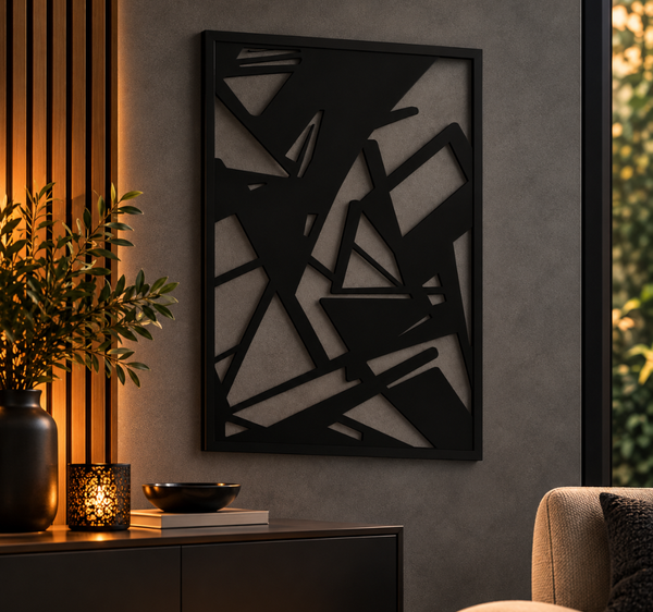 Modern Abstract Black Metal Wall Art – Geometric Framed Decor