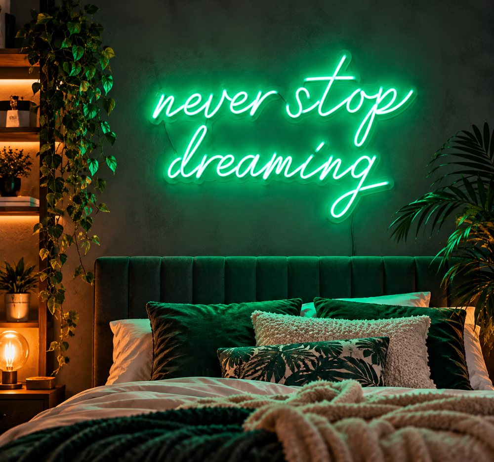 Never Stop Dreaming Neon Sign – Green LED Inspirational Wall Decor