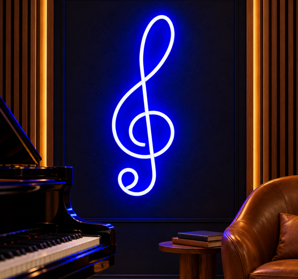 Treble Clef Neon Sign with Blue Glow – Music Note Wall Decor
