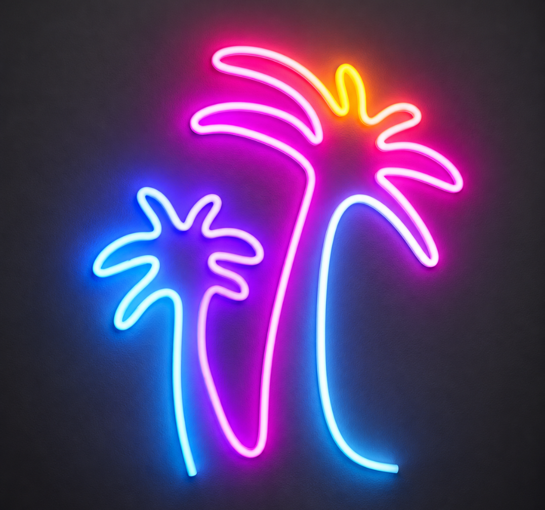 Twin Palm Tree Neon Sign with Multicolor Tropical Design