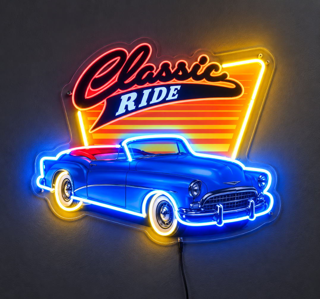 Classic Ride Neon Blue Vintage Car Wall Art