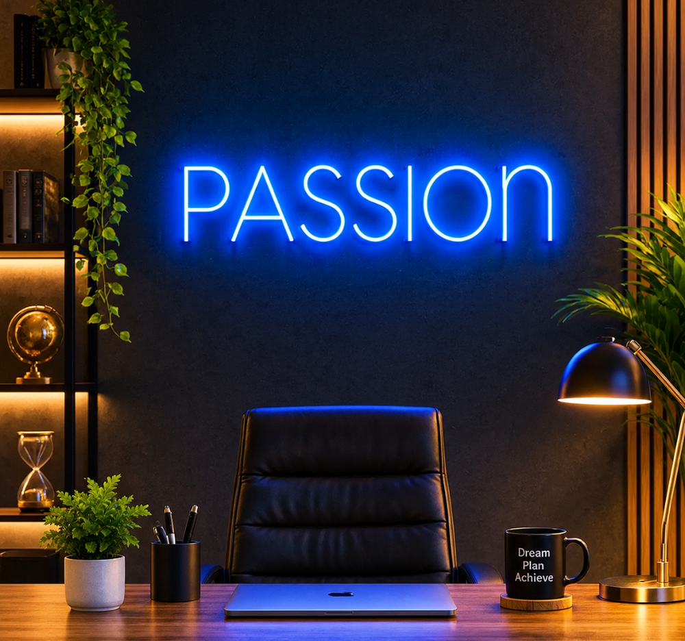 Passion Neon Sign – Blue LED Motivational Office & Wall Decor