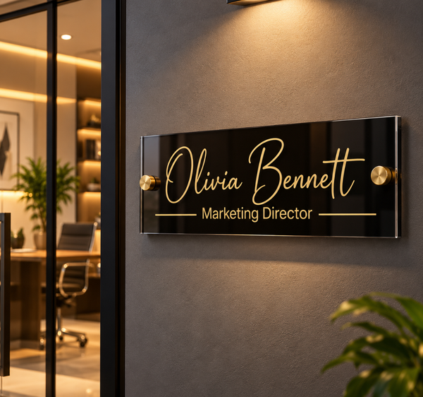 Personalized Black Acrylic Office Door Name Sign with Gold Text