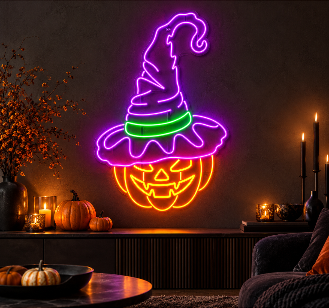 Witch Hat Pumpkin Neon Sign – Halloween LED Decor