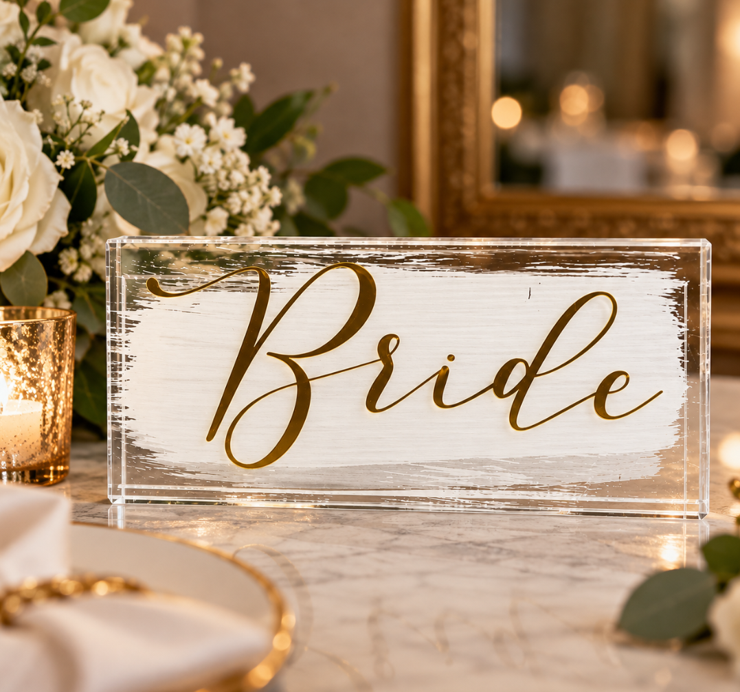 Bride Acrylic Wedding Table Sign with Gold Script Lettering