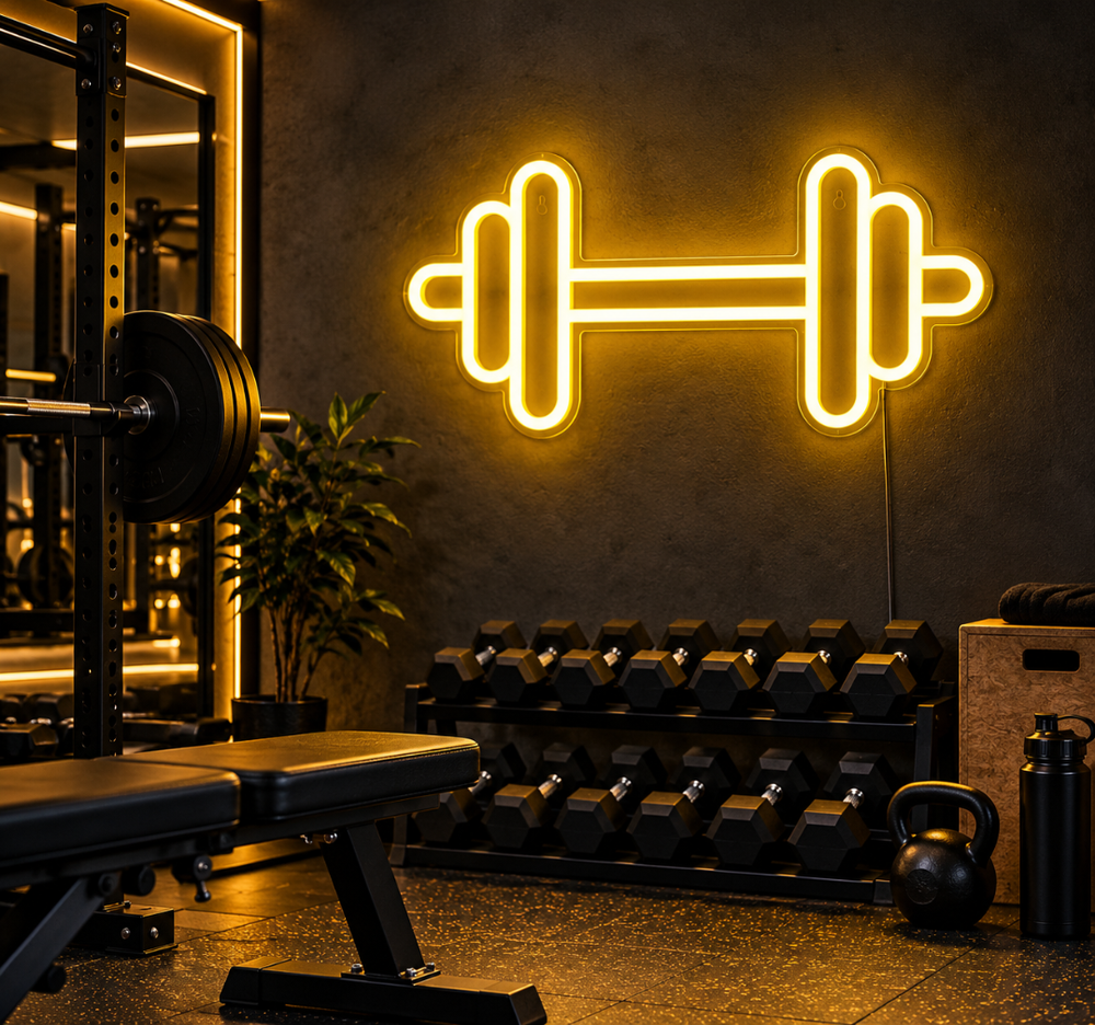 Dumbbell Neon Sign – Bright Yellow LED Gym Wall Decor