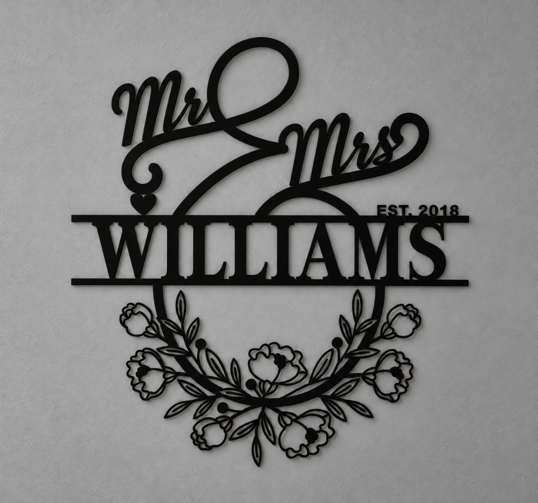 Mr & Mrs Metal Name Sign with Floral Wreath Wall Decor