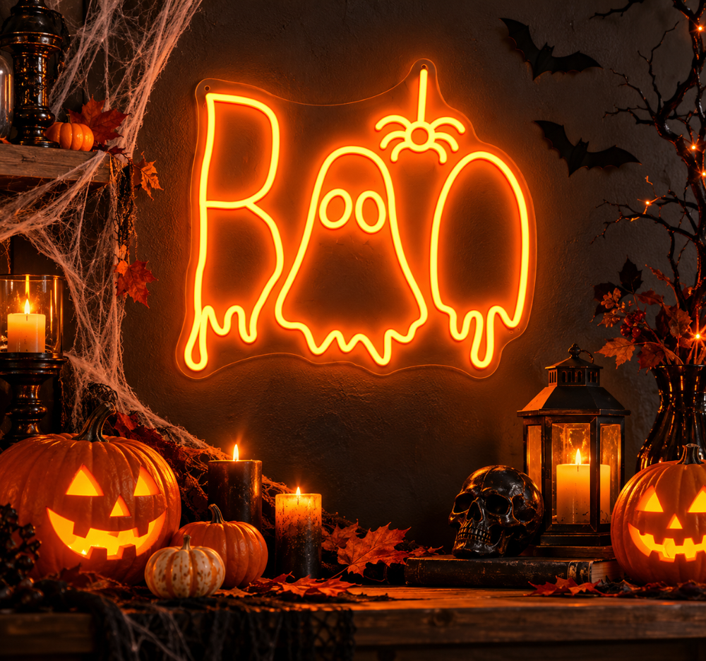 Halloween BOO LED Neon Sign – Orange Ghost Wall Decor