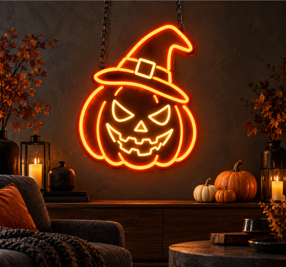 Pumpkin Witch Hat Neon Sign – Halloween LED Decor