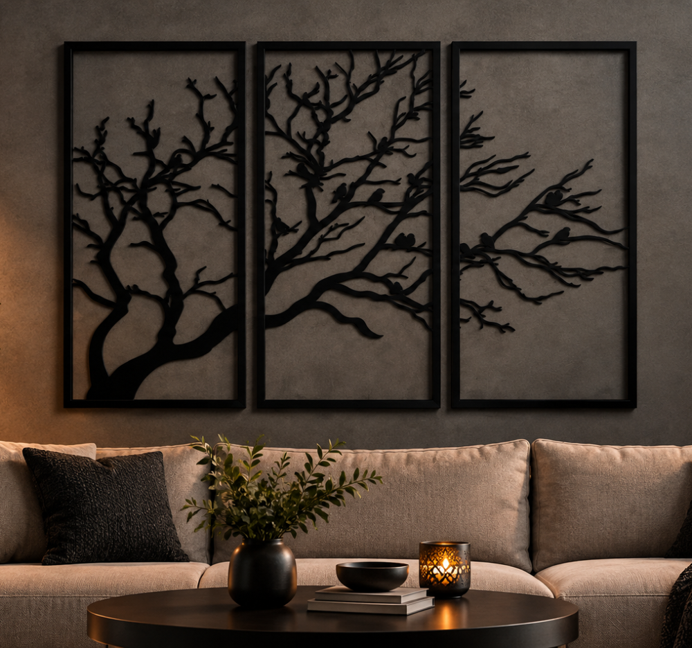 3 Piece Black Metal Tree Wall Art – Birds & Branches Decor