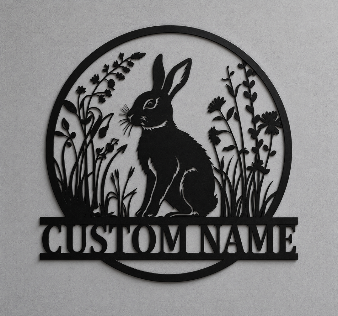 Rabbit Metal Name Sign – Floral Woodland Wall Decor