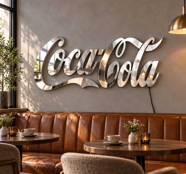 Coca-Cola 3D Script Wall Sign – Reflective Silver Decor