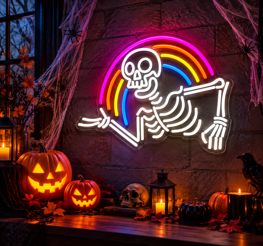 Rainbow Skeleton LED Neon Sign – Halloween Wall Decor