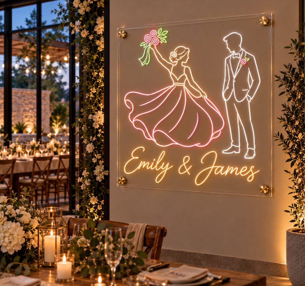 Bride Twirling Groom Watching Neon Sign – Romantic Wedding Couple Wall Decor