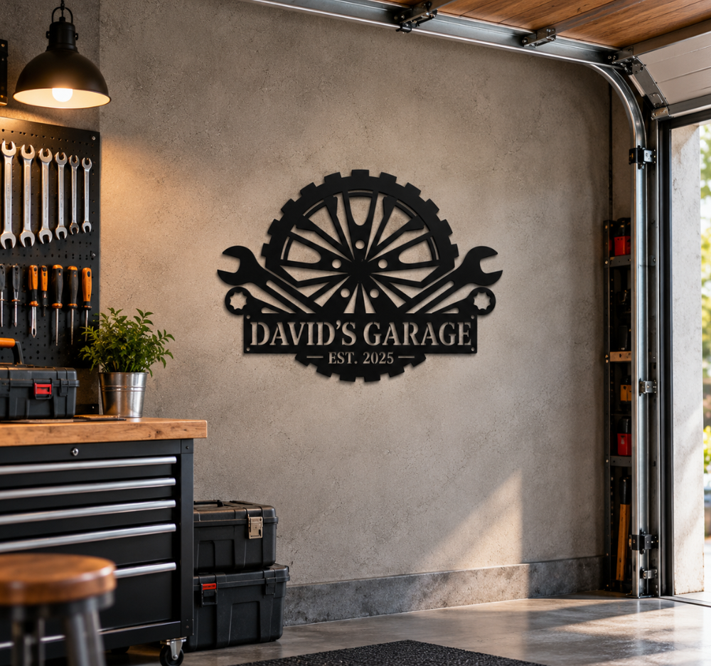 Personalized Garage Metal Wall Sign – Custom Name & Year Decor