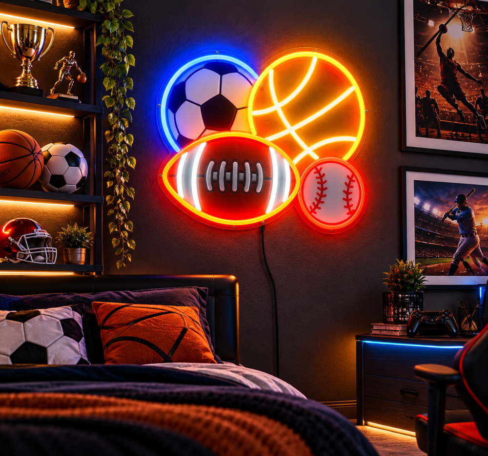 Sports Balls LED Neon Sign – Football, Basketball & Soccer Wall Decor