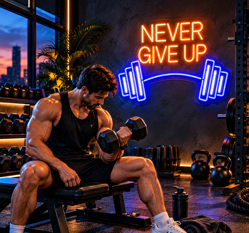Never Give Up Neon Sign – LED Gym Motivation & Fitness Wall Decor