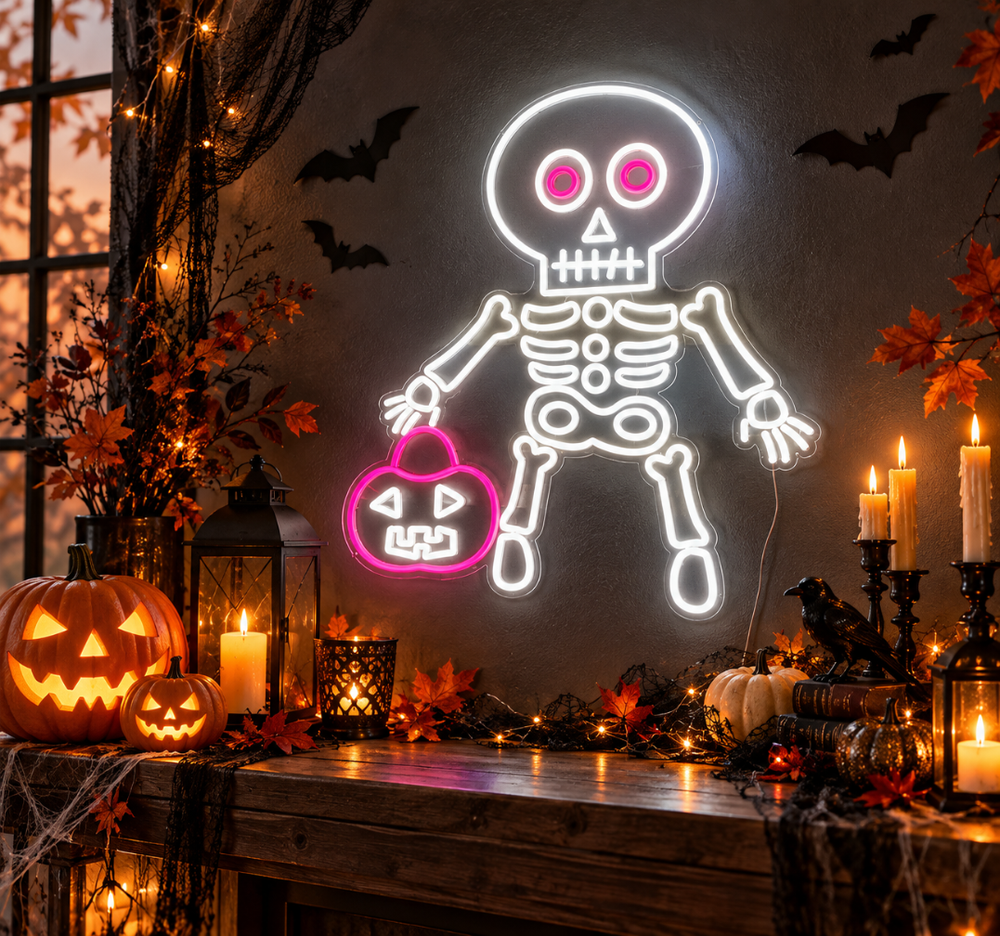 Halloween Skeleton LED Neon Sign – Pink Pumpkin Decor