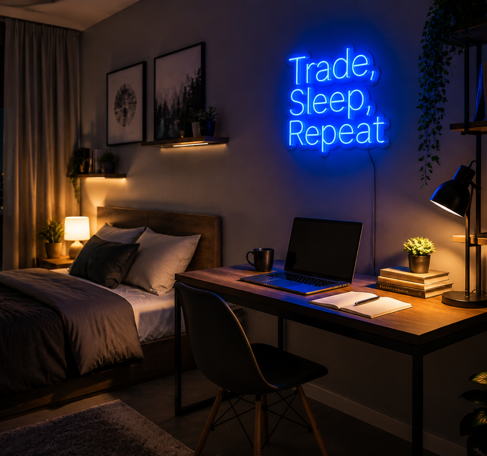 Trade Sleep Repeat Neon Sign – Motivational LED Wall Light for Trading Room & Office