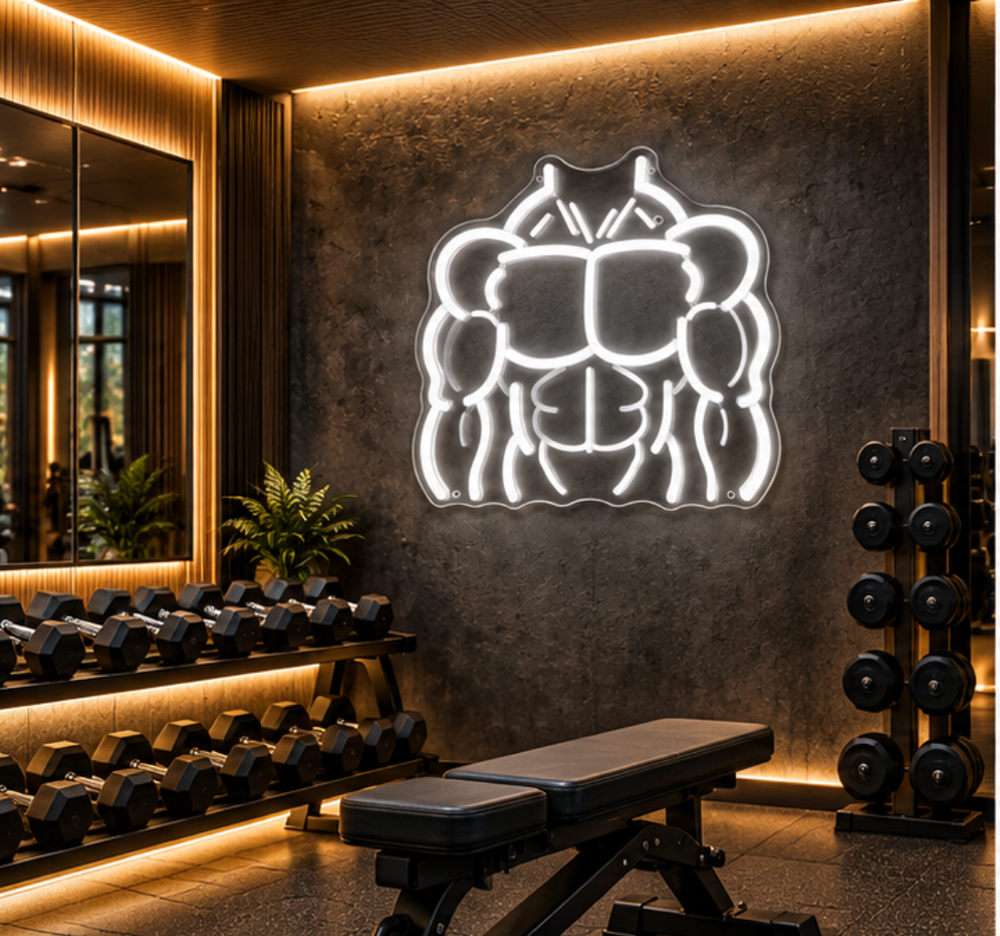 Muscular Man Neon Sign – Orange LED Bodybuilder Gym Wall Decor