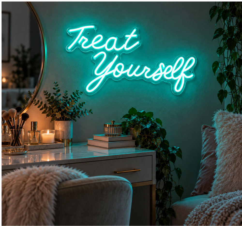 Treat Yourself Neon Sign – Aqua LED Wall Decor for Bedroom & Salon