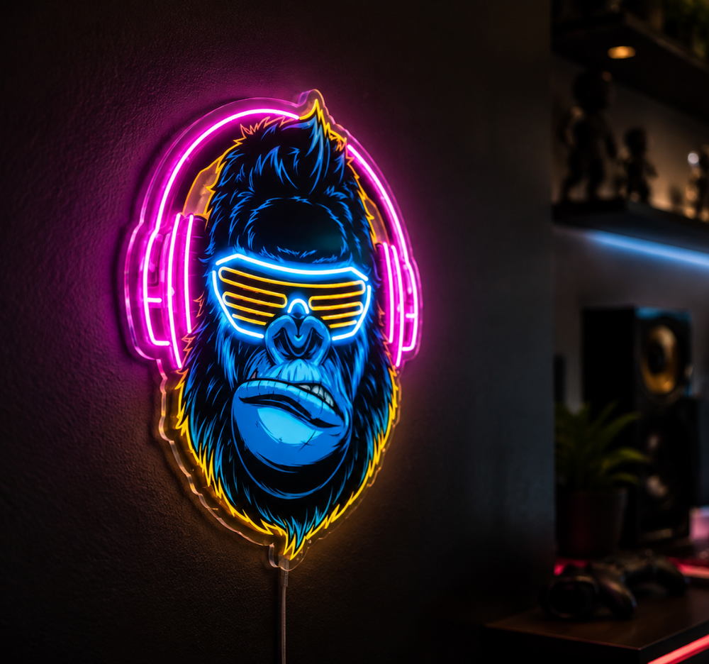 Gorilla with Headphones LED Neon Sign – Pop Art Music & Gaming Wall Decor
