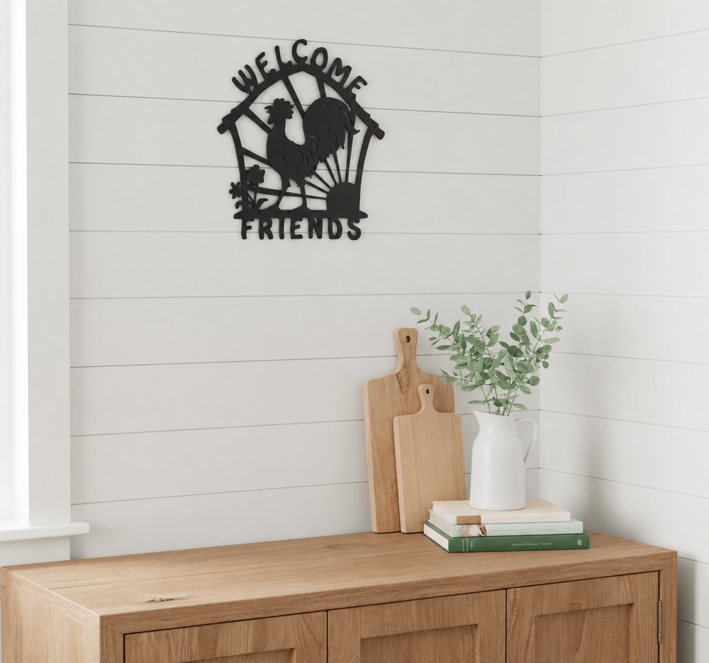 Welcome Friends Rooster Metal Sign | Neonic sign