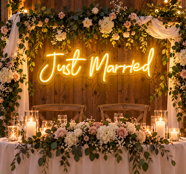 Just Married Yellow Neon Sign for Wedding Reception Decor