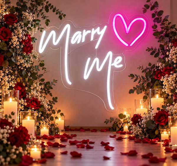Marry Me Neon Sign with Pink Heart for Marriage Proposal Decor