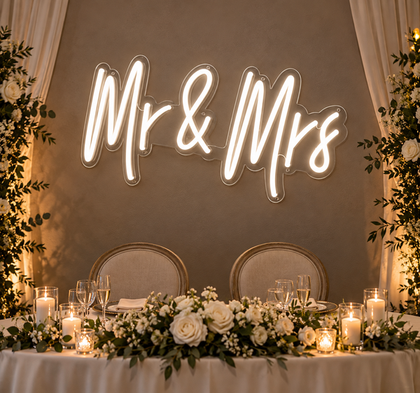 Mr & Mrs White Neon Sign for Wedding & Reception Decor