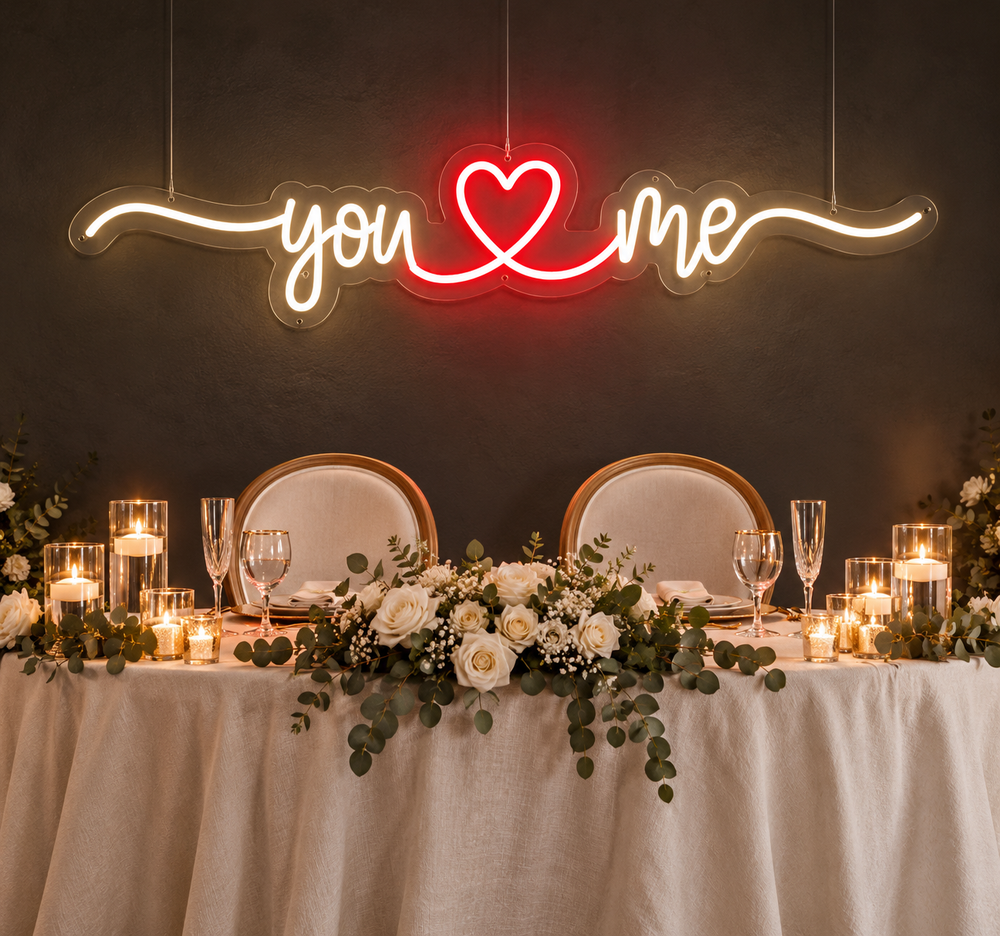 You and Me Neon Sign with Red Heart for Wedding Decor