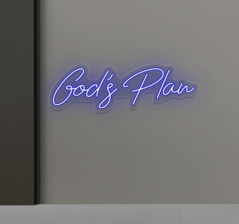 God’s Plan Neon Sign – Ice Blue LED Wall Decor with Free Dimmer